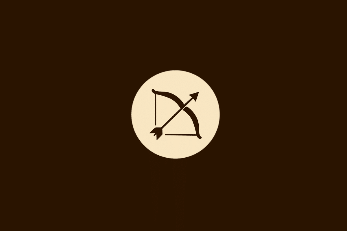 Ilustração vetorial do signo de Sagitário, representada por um arco armado com uma flecha apontada para a diagonal superior direita, centralizado em um círculo bege sobre fundo marrom.