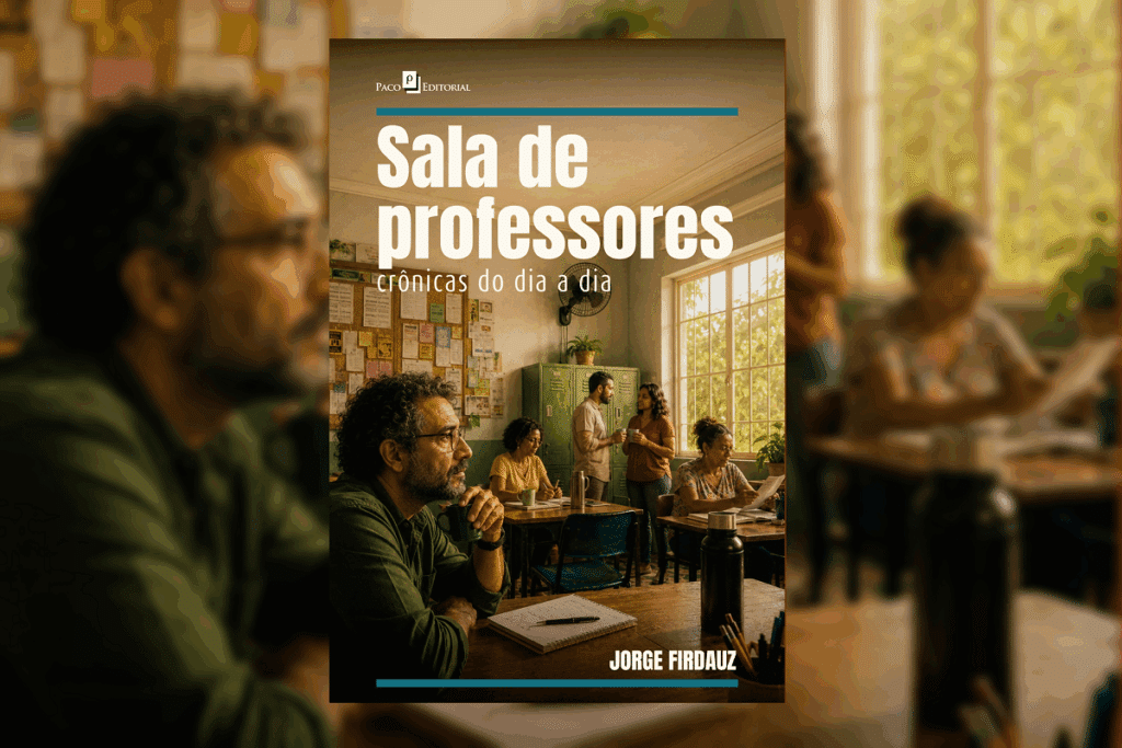 Capa do livro "Sala de professores: crônicas do dia a dia", de Jorge Firdauz, mostrando uma sala iluminada com diversos professores conversando, estudando e tomando café.