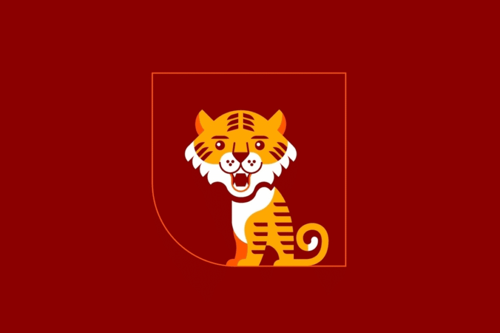 Ilustração vetorial simplificada de um tigre amarelo e laranja sobre um fundo vermelho.