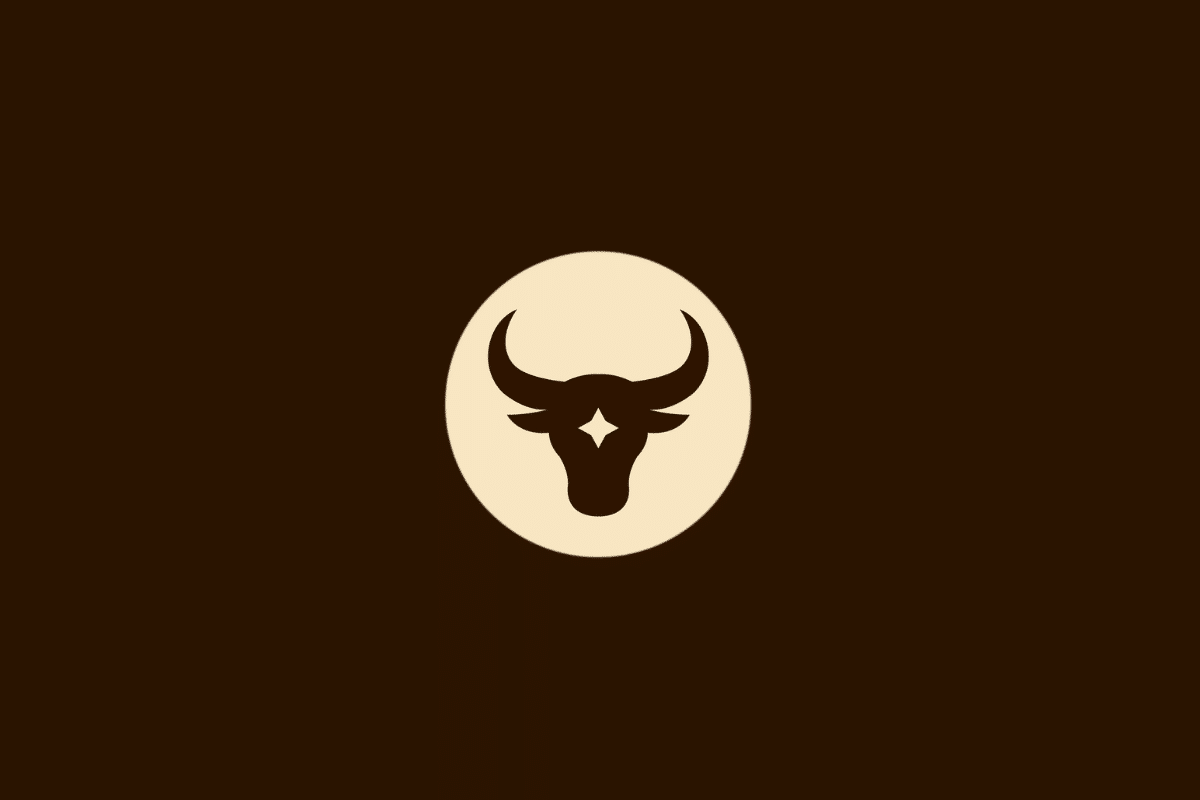 Ilustração vetorial do signo de Touro, representada pela cabeça estilizada de um touro com chifres curvados e uma estrela de quatro pontas na testa, dentro de um círculo bege sobre fundo marrom.