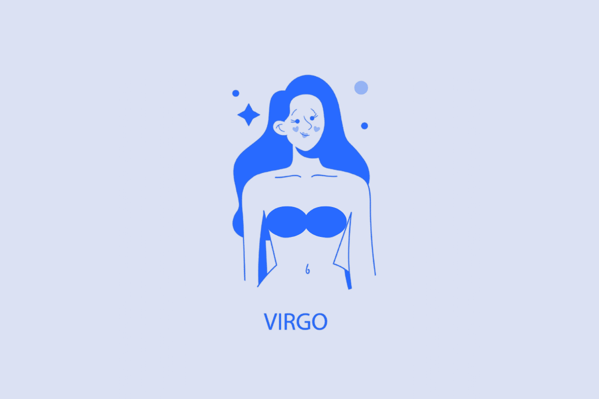 Ilustração minimalista em tons de azul e branco representando o signo de Virgem. Mostra o busto de uma pessoa sorridente com cabelos longos, acompanhada de pequenos pontos e uma estrela ao fundo. Na parte inferior, está escrita a palavra "VIRGO" em letras maiúsculas azul-escuro.
