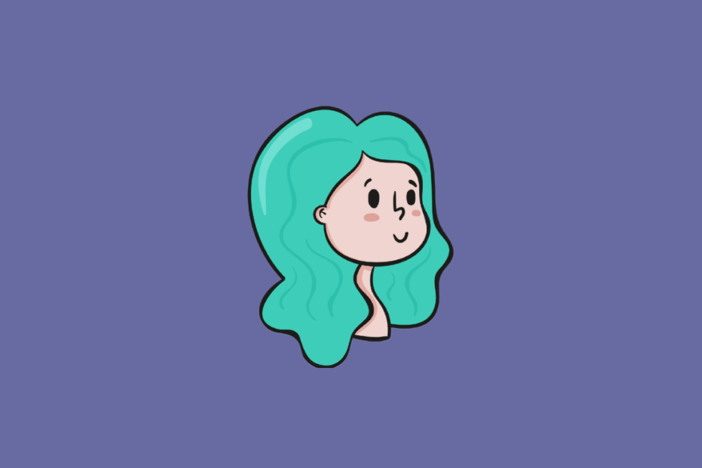 Ilustração estilizada do perfil do rosto de uma mulher com cabelos verdes e sorriso suave sobre fundo roxo.