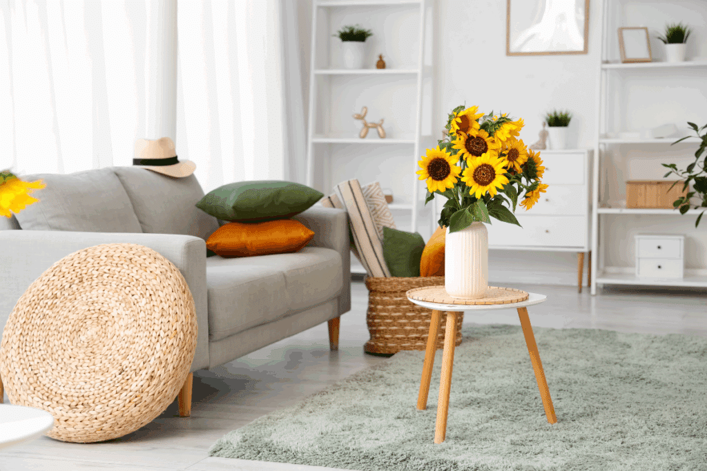 A imagem mostra uma sala de estar moderna, aconchegante e iluminada, decorada em tons claros, com detalhes em amarelo, laranja e verde. À esquerda, há um sofá cinza com almofadas verdes e alaranjadas, um chapéu bege e uma grande peça decorativa redonda de palha. No centro, uma pequena mesa branca com pés de madeira sustenta um vaso branco com girassóis amarelos.