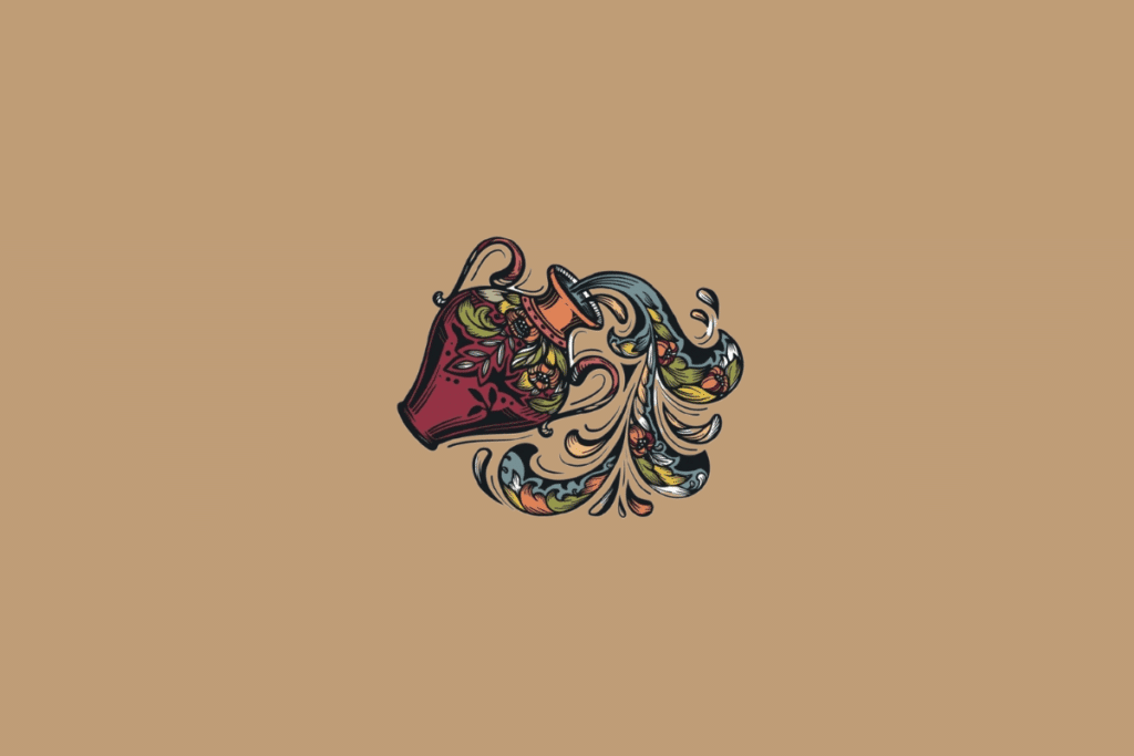 Ilustração do símbolo do signo de Aquário, representado por um jarro que derrama água, com detalhes florais e traços coloridos em estilo artístico sobre fundo bege.