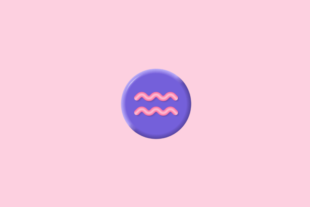 Símbolo do signo de Aquário, formado por duas linhas onduladas horizontais, em rosa, com aparência tridimensional e brilhante. O símbolo está centralizado em um círculo roxo com bordas iluminadas, sobre fundo rosa-claro.