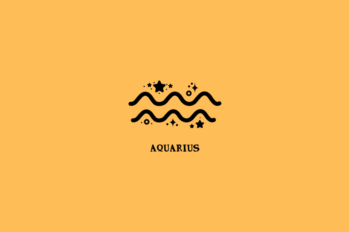 Símbolo do signo de Aquário, formado por duas linhas onduladas horizontais pretas, acompanhadas de estrelas de cinco pontas, pequenos círculos e pontos decorativos. Abaixo, está escrito “AQUARIUS” em letras maiúsculas pretas, com serifa. O desenho está centralizado sobre um fundo laranja uniforme.