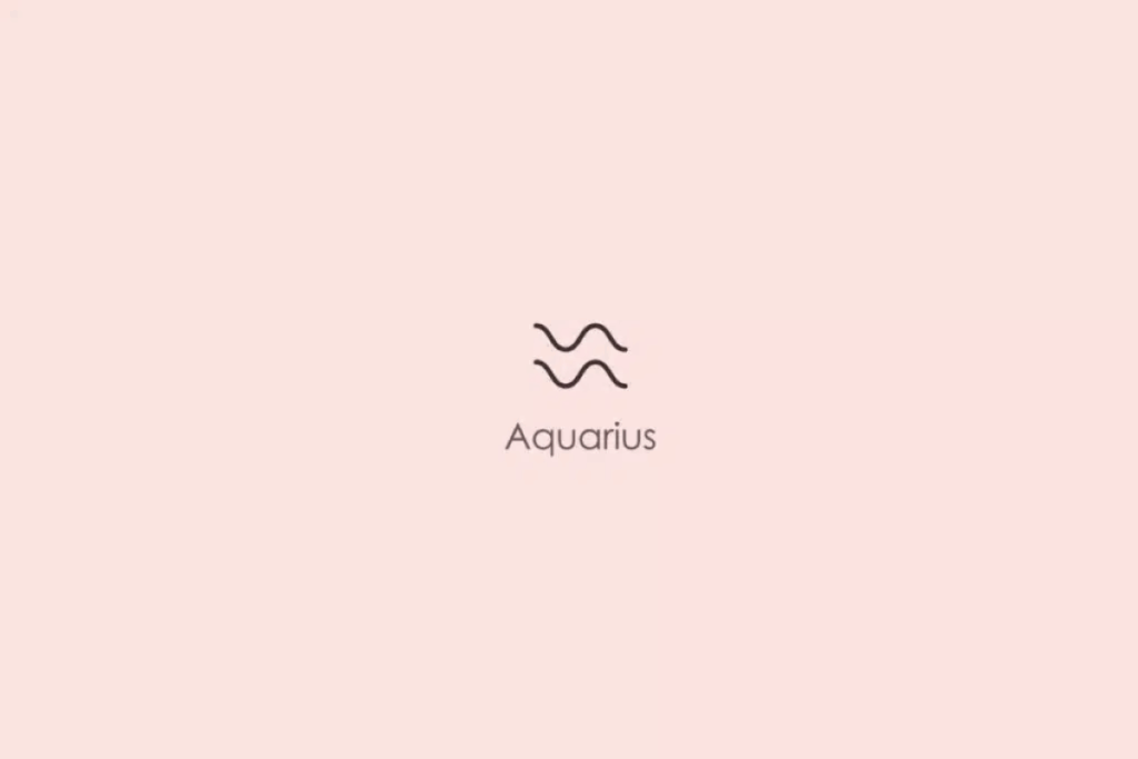 Ilustração minimalista do símbolo astrológico do signo de Aquário, representado por duas linhas onduladas paralelas em tom escuro. Abaixo, aparece a palavra “Aquarius”, em inglês. O fundo é rosa-claro.
