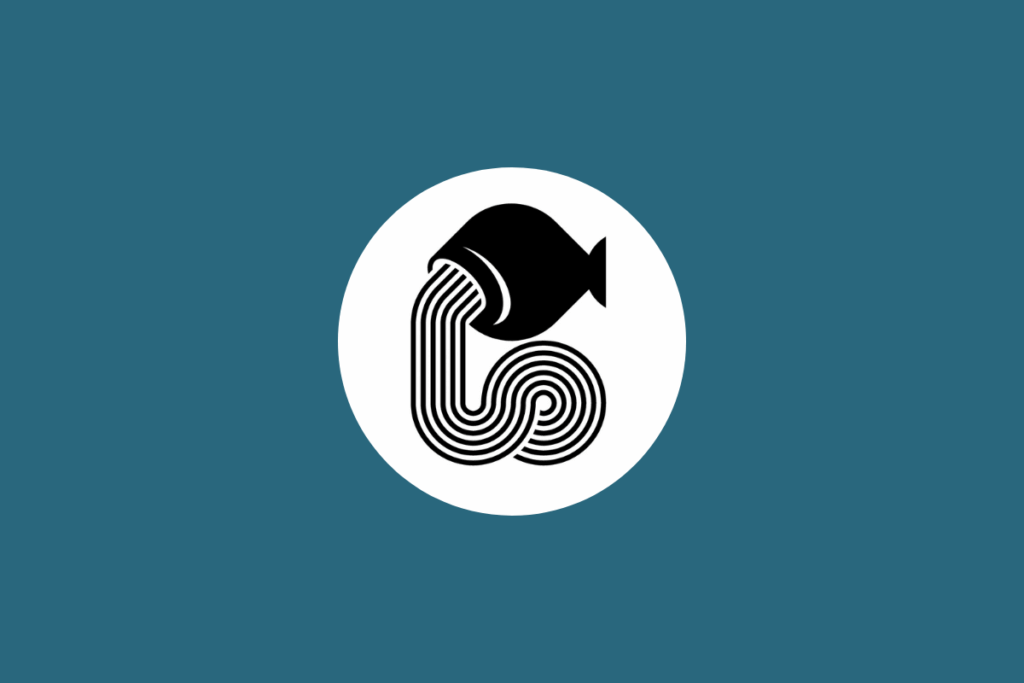 Ilustração minimalista em preto do signo de Aquário, representado por um jarro derramando água, dentro de um círculo branco sobre fundo azul-petróleo