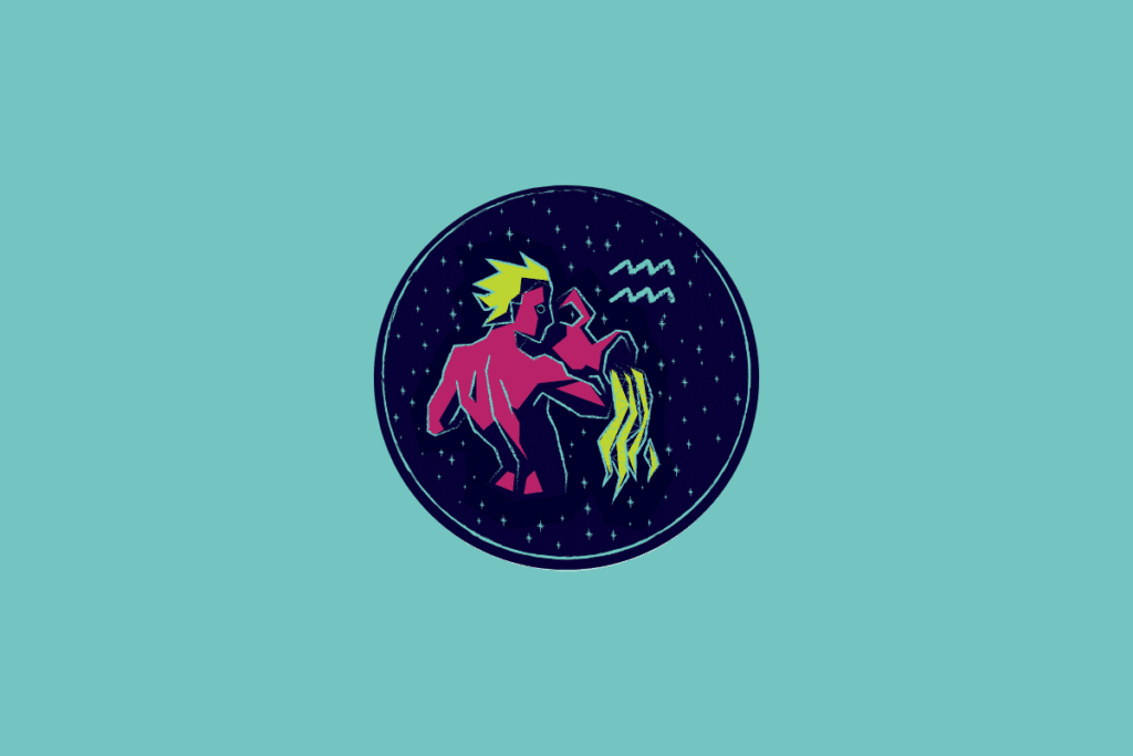  Ilustração num círculo azul-escuro estrelado sobre fundo azul-turquesa, representando Aquário através de uma figura humana rosa com cabelo amarelo despejando água de um vaso e o respetivo símbolo astrológico