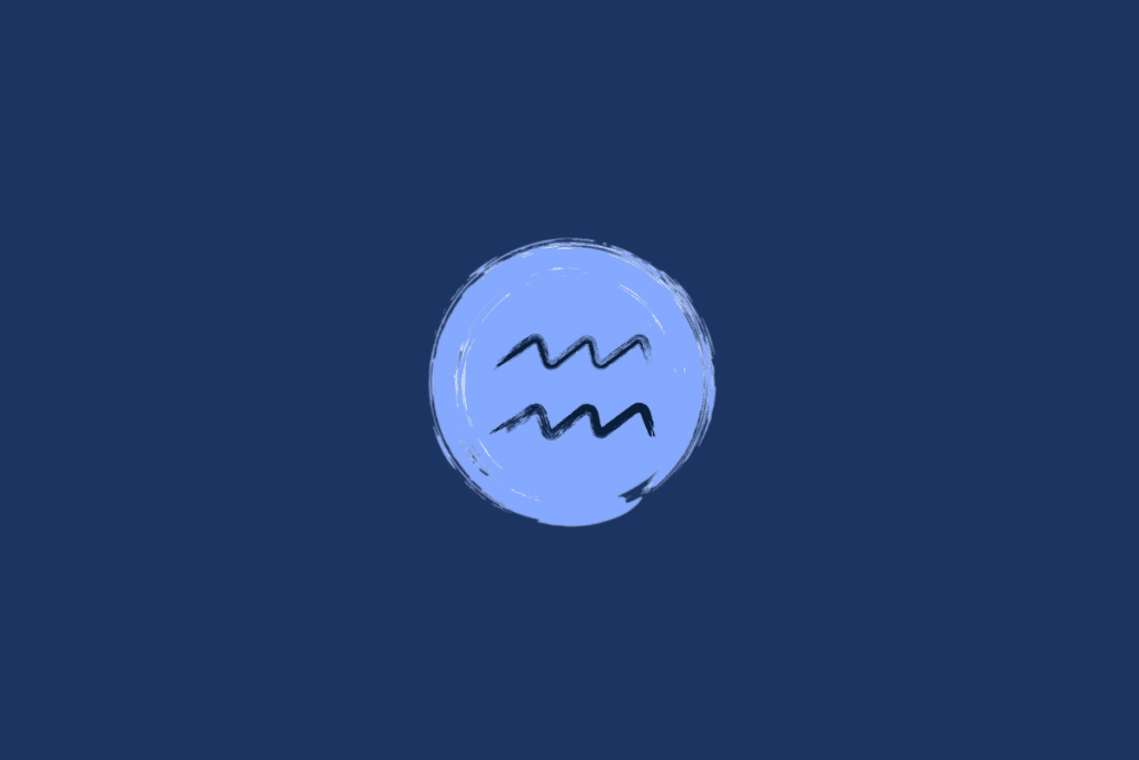 Ilustração do símbolo do signo de Aquário, formado por duas linhas onduladas pretas dentro de um círculo azul-claro, sobre fundo azul-marinho.