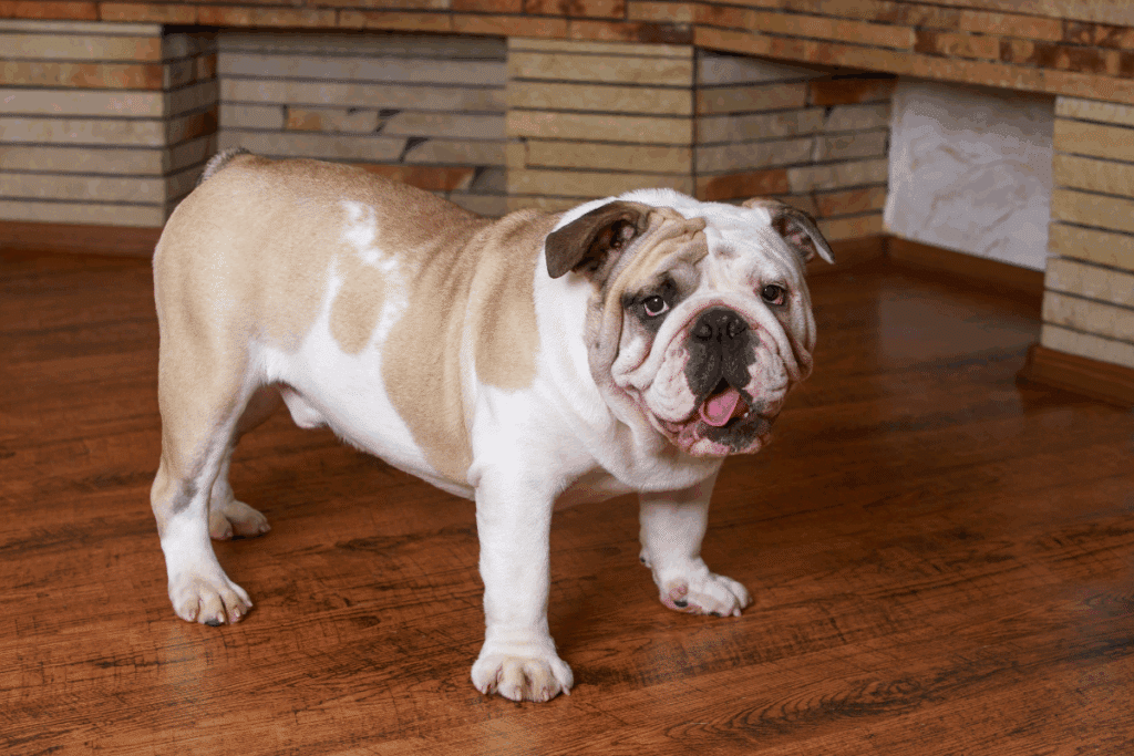 Cão da raça Buldogue Inglês de pelagem branca e caramelo em pé sobre um piso de madeira em ambiente interno.