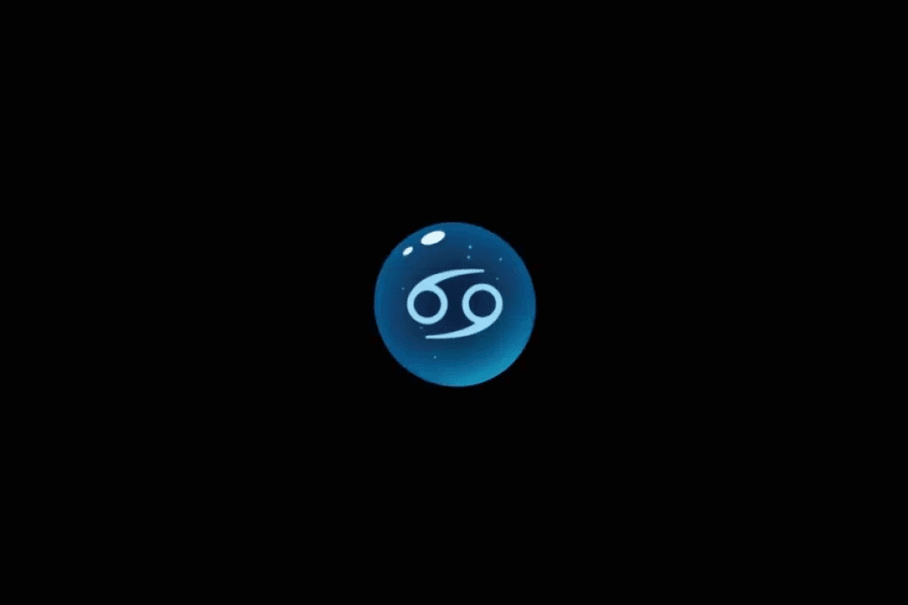 Imagem com fundo preto, apresentando uma esfera azul brilhante no centro, com o símbolo astrológico do signo de Câncer em azul-claro, formado por duas curvas opostas que lembram o número 69 na horizontal. A esfera possui efeito tridimensional, pequenos pontos luminosos e reflexos brancos na parte superior.