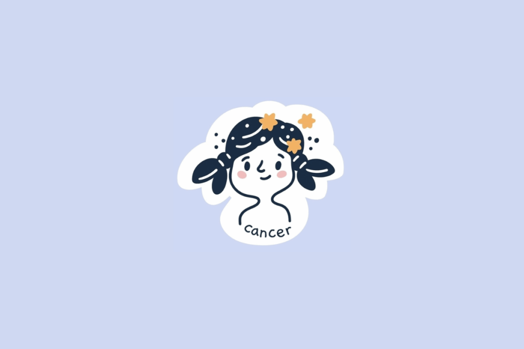Ilustração infantil de uma menina com cabelos escuros, flores amarelas e detalhes que lembram pequenas folhas nas laterais, representando o signo de Câncer sobre fundo roxo-claro.