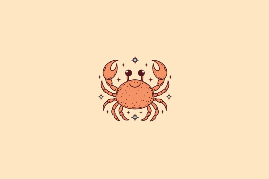Ilustração de um caranguejo laranja, com duas grandes pinças erguidas, olhos sobre hastes e oito patas. Estrelas decorativas em tons de azul, amarelo e marrom aparecem ao redor, sobre fundo bege-claro.
