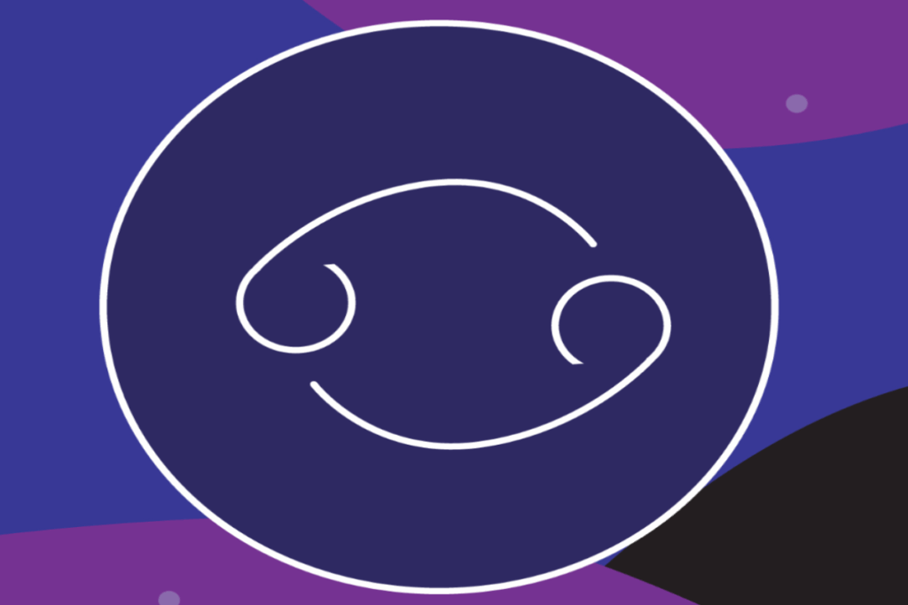 Ilustração do símbolo de Áries em linhas brancas, centralizado dentro de um grande círculo azul-escuro. O fundo combina formas abstratas em azul, roxo e preto, com pequenos pontos lilás.