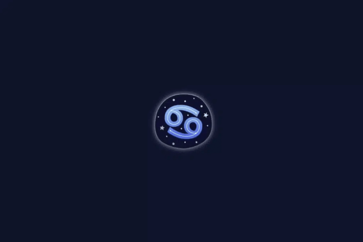 Ilustração do símbolo astrológico do signo de Câncer em tons de azul-claro e lilás, formado por duas curvas opostas com círculos nas extremidades. O desenho está centralizado em um círculo decorado com pequenas estrelas brancas, sobre um fundo azul-marinho escuro.