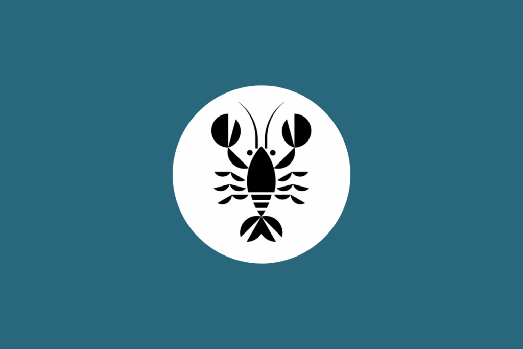 Ilustração minimalista em preto do signo de Câncer, representado por uma lagosta/caranguejo, dentro de um círculo branco sobre fundo azul-petróleo