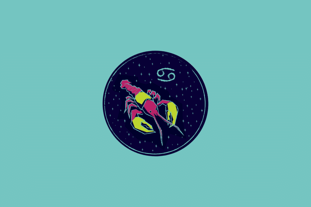 Ilustração num círculo azul-escuro estrelado sobre fundo azul-turquesa, representando Câncer através de um caranguejo rosa e amarelo com o respetivo símbolo astrológico