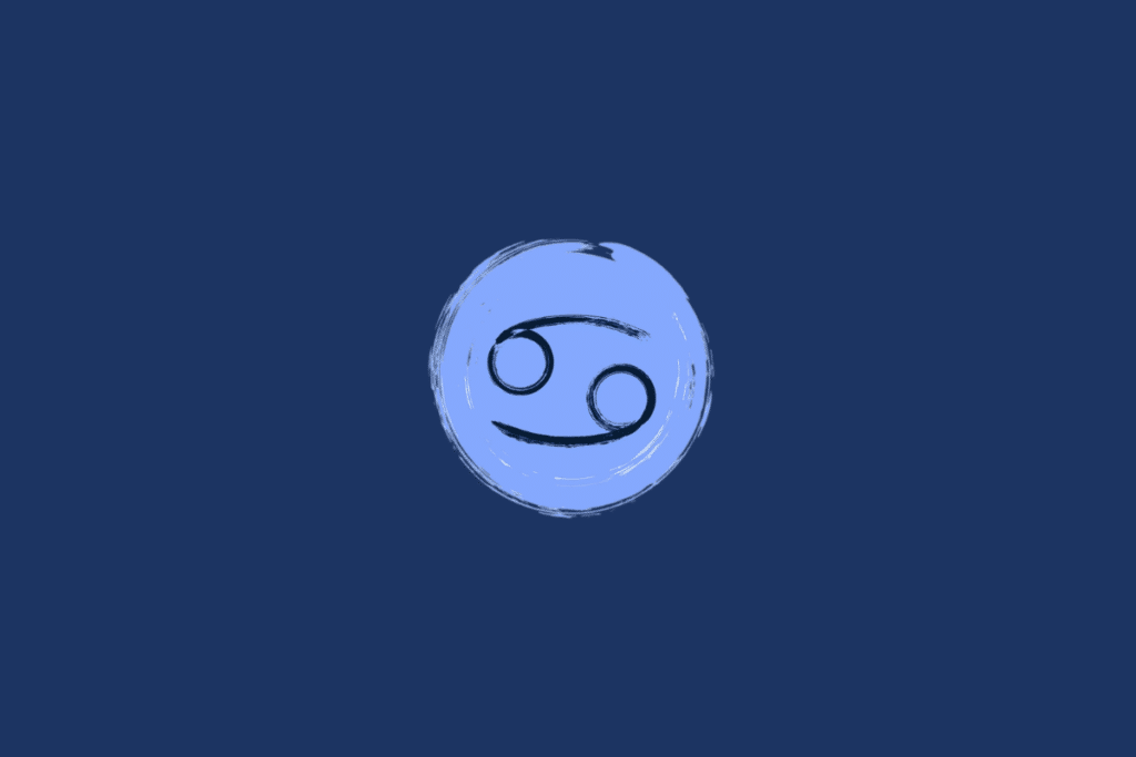 Ilustração do símbolo do signo de Câncer, formado por duas curvas circulares voltadas uma para a outra, em preto, dentro de um círculo azul-claro sobre fundo azul-marinho.