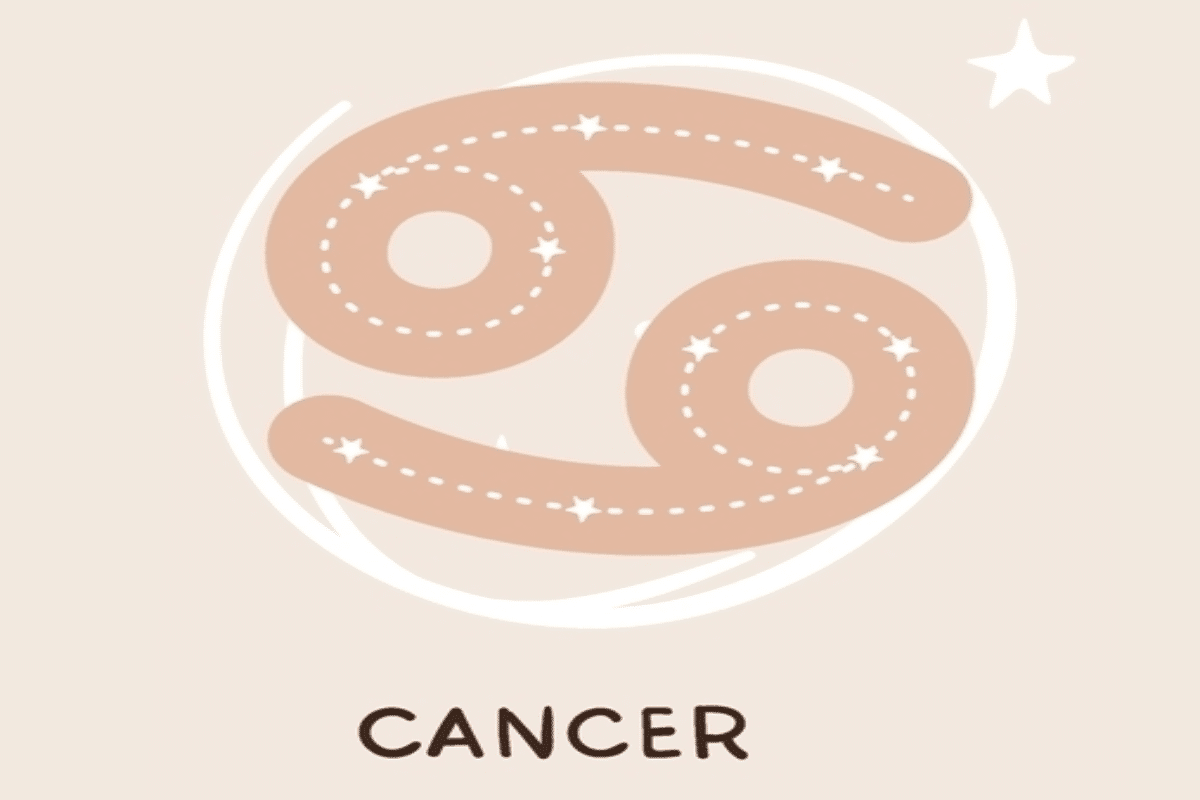 Ilustração do símbolo de Câncer em tom bege, decorado com linhas pontilhadas e estrelas brancas. Traços circulares, estrelas e pequenos pontos brancos completam a composição sobre um fundo claro.