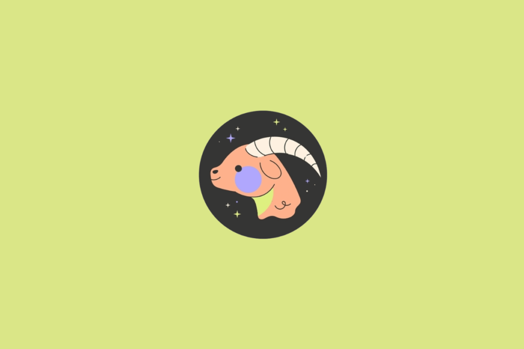 Ilustração de uma cabra de perfil, voltada para a esquerda, com rosto alaranjado, chifre longo e curvado em creme e detalhes em verde-limão. O animal tem uma bochecha lilás e linhas pretas que destacam os traços do rosto. A imagem está dentro de um círculo preto com pequenas estrelas coloridas. Em fundo verde-claro.