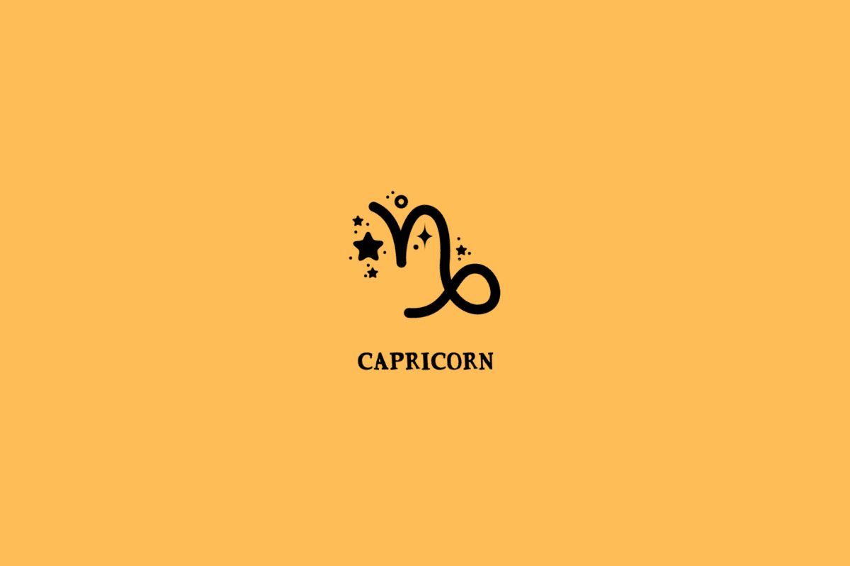Símbolo do signo de Capricórnio, composto por linhas pretas curvas e entrelaçadas, com uma volta arredondada na extremidade inferior direita. Pequenas estrelas, círculos e pontos decorativos estão distribuídos ao redor do desenho. Abaixo, está escrito “CAPRICORN” em letras maiúsculas pretas, com serifa. O conjunto está centralizado sobre um fundo laranja uniforme.