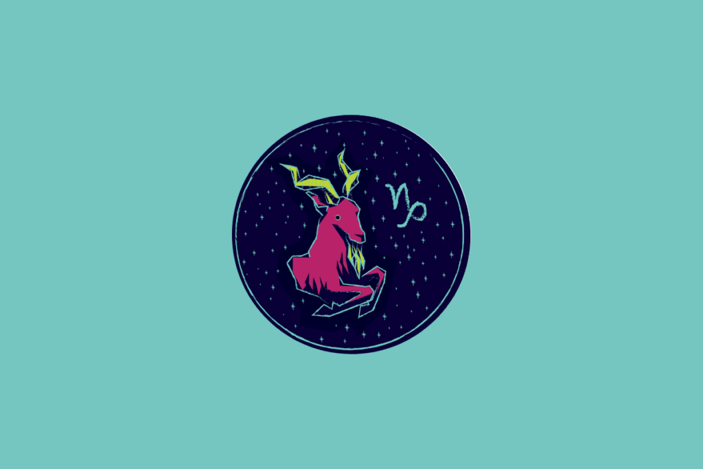 Ilustração num círculo azul-escuro estrelado sobre fundo azul-turquesa, representando Capricórnio através do busto de uma cabra rosa com cornos amarelos e o respetivo símbolo astrológico