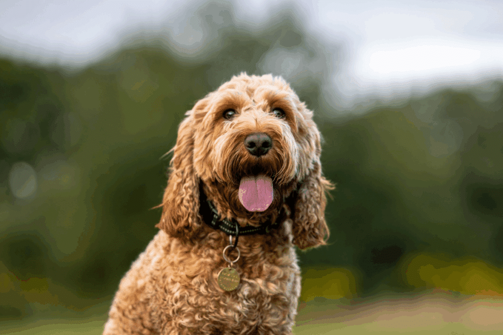 Cão da raça Cockapoo de pelagem ondulada tom caramelo, usando coleira preta com identificação, com a língua para fora ao ar livre.