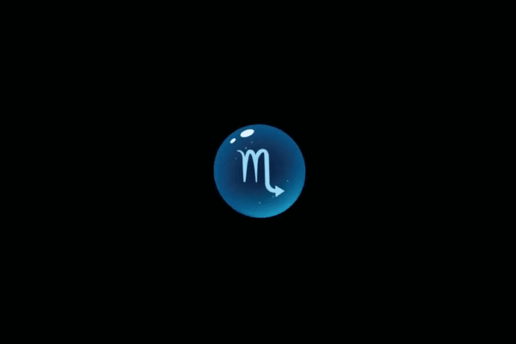 Imagem com fundo preto, apresentando uma esfera azul brilhante no centro, com o símbolo astrológico do signo de Escorpião em azul-claro, semelhante à letra “M”, com uma cauda curva terminando em uma seta. A esfera possui efeito tridimensional, pequenos pontos luminosos e reflexos brancos na parte superior.