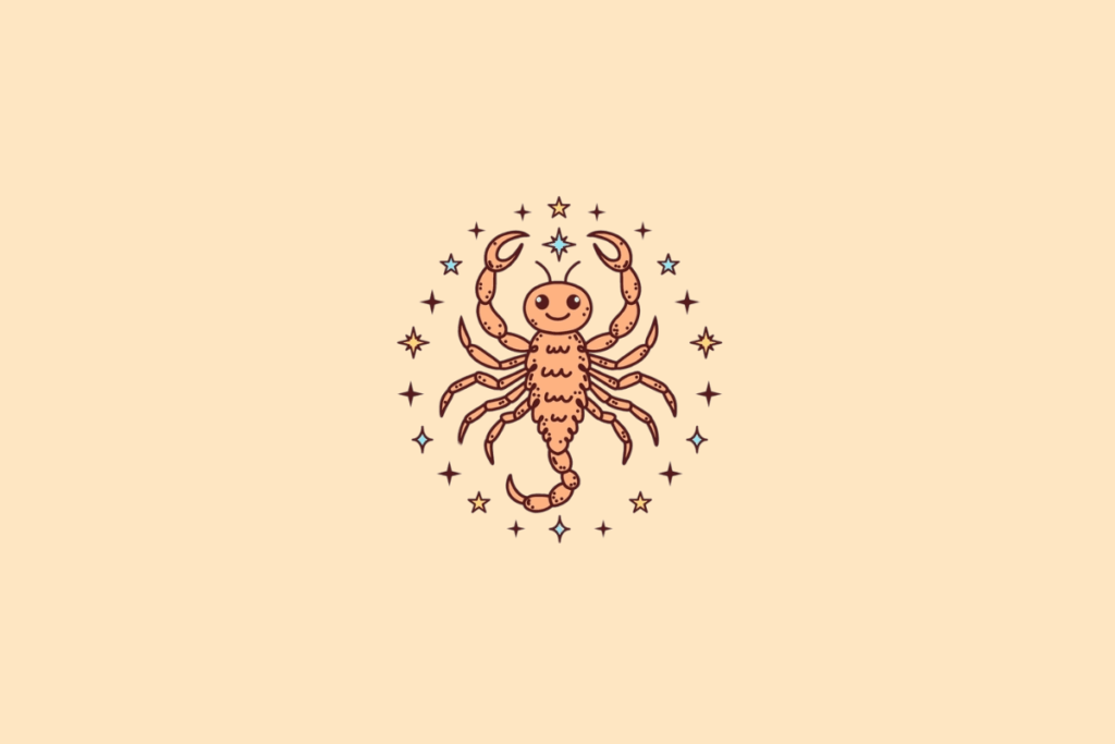 Ilustração de um escorpião laranja, com duas pinças erguidas, várias patas e cauda curvada para cima. O desenho tem traços delicados e estrelas em tons de azul, amarelo e marrom ao redor, sobre fundo bege-claro.