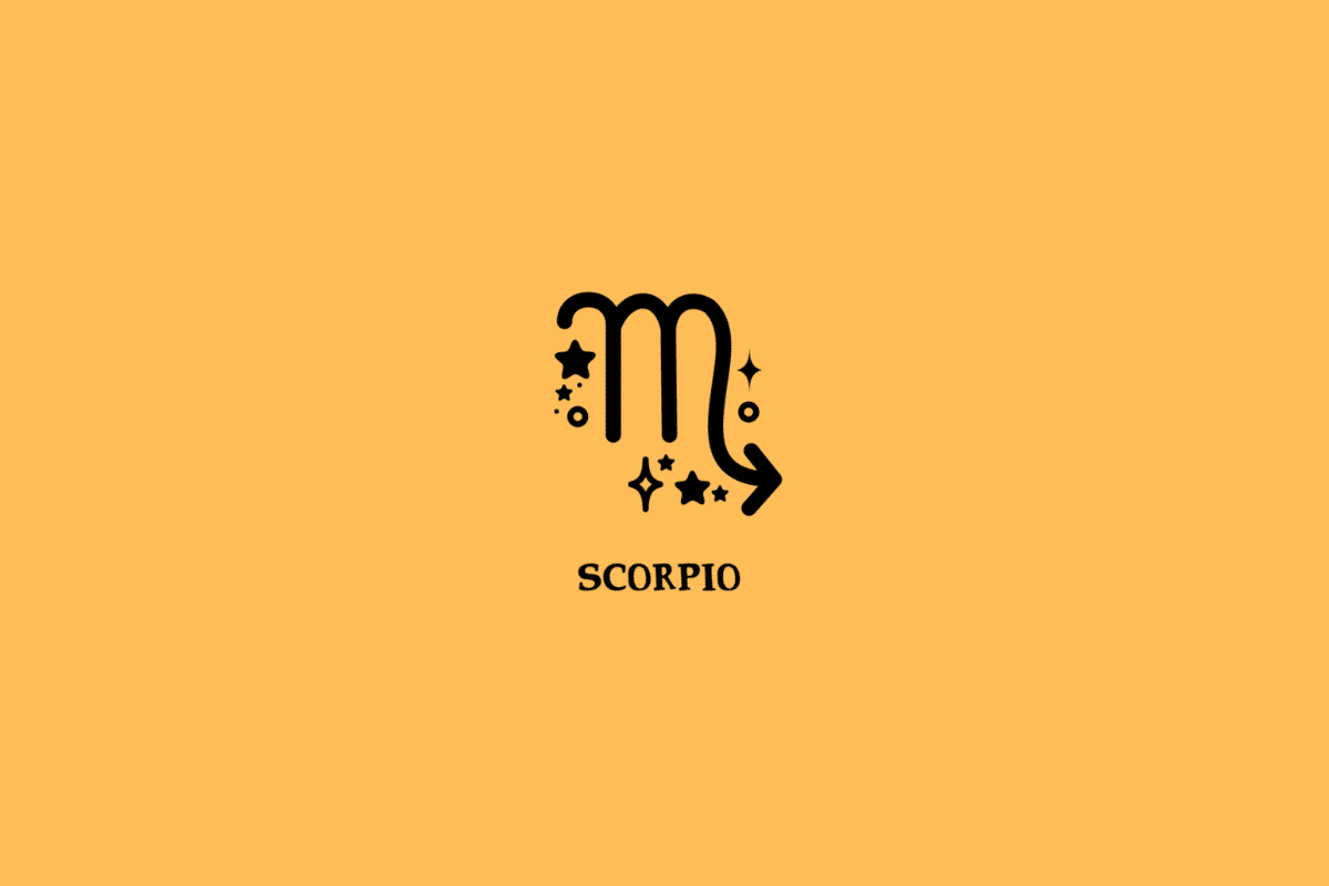 Símbolo do signo de Escorpião, formado por três traços verticais unidos por curvas na parte superior e por uma linha que se prolonga para a direita, terminando em uma seta apontada para cima. Estrelas, pequenos círculos e pontos pretos decoram os espaços ao redor. Abaixo, está escrito “SCORPIO” em letras maiúsculas pretas, com serifa. O fundo é laranja uniforme.