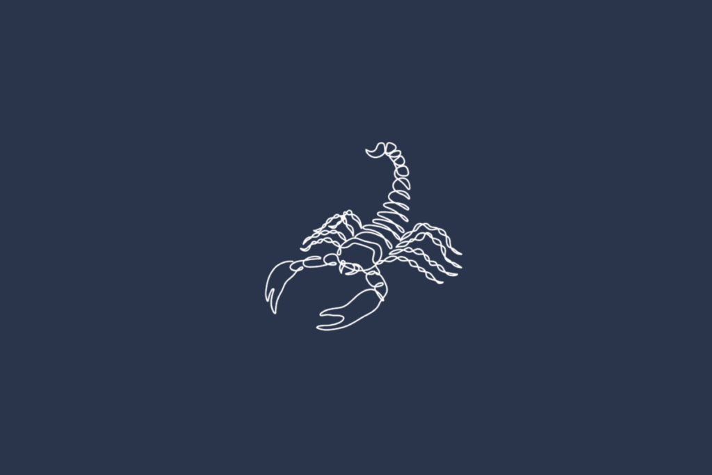 Ilustração linear branca do signo de Escorpião sobre fundo azul-marinho uniforme. O desenho mostra um escorpião visto de cima e em posição diagonal, com duas pinças grandes na parte dianteira, várias patas articuladas nas laterais do corpo e uma cauda segmentada que se curva para cima, terminando em uma ponta. Linhas finas e sinuosas delineiam as diferentes partes do animal.