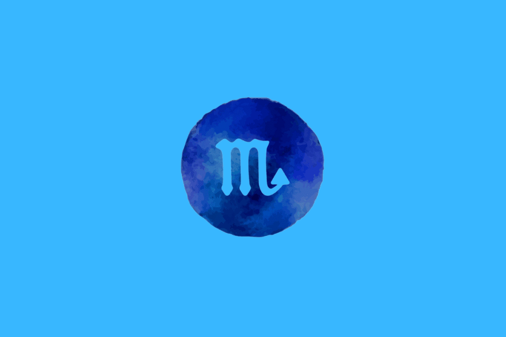 Símbolo do signo de Escorpião em azul sobre um círculo azul com textura aquarelada, em um fundo azul-claro.