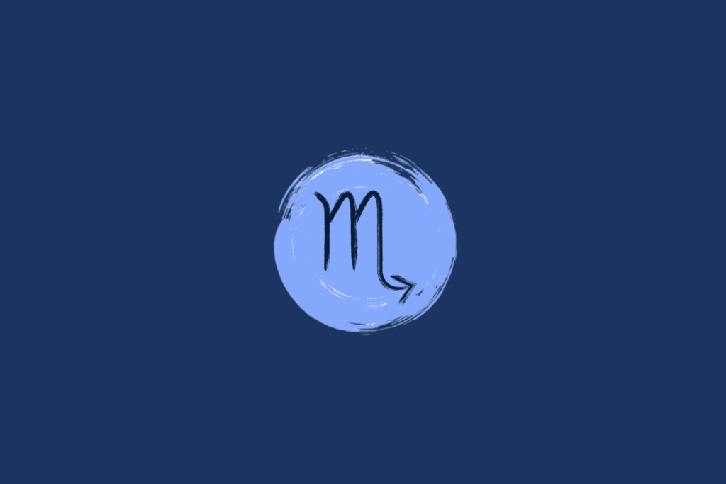 Ilustração do símbolo do signo de Escorpião, representado por linhas curvas semelhantes à letra “m”, com uma ponta em forma de seta, dentro de um círculo azul-claro sobre fundo azul-marinho.