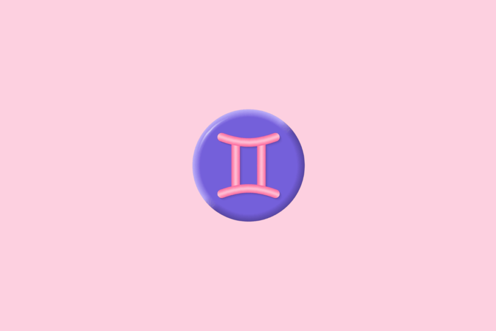 Símbolo do signo de Gêmeos, formado por duas linhas verticais paralelas, unidas por traços curvos na parte superior e inferior. O desenho é rosa, tem aparência tridimensional e brilhante e está centralizado em um círculo roxo com bordas iluminadas, sobre fundo rosa-claro.