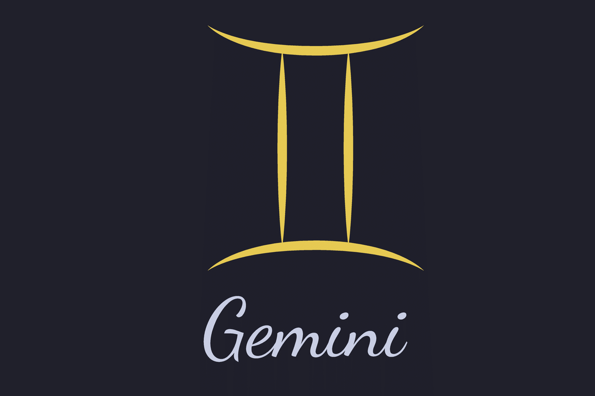 A imagem mostra o símbolo astrológico de Gêmeos em dourado, formado por duas linhas verticais paralelas, unidas por traços curvos nas extremidades superior e inferior. Abaixo, o nome “Gemini” aparece em letras cursivas cinza-claras, sobre um fundo azul-escuro quase preto.