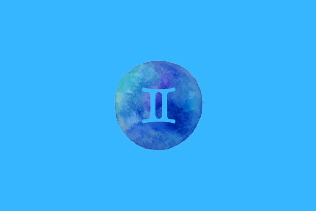Símbolo do signo de Gêmeos em azul sobre um círculo azul com textura aquarelada, em um fundo azul-claro.