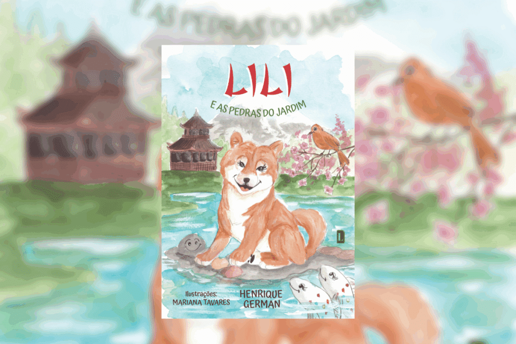 Capa do livro “Lili e as pedras do jardim”, de Henrique German, com uma cachorrinha de pelo laranja sentada sobre pedras em um lago, com pagode, cerejeira, pássaro e carpas ao redor, em aquarela