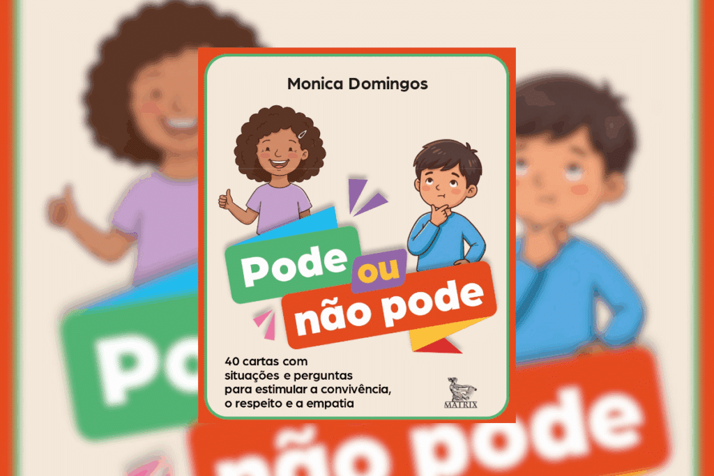 Capa do livro-caixinha “Pode ou não pode”, de Monica Domingos, com uma menina sorridente fazendo sinal de positivo e um menino pensativo com a mão no queixo