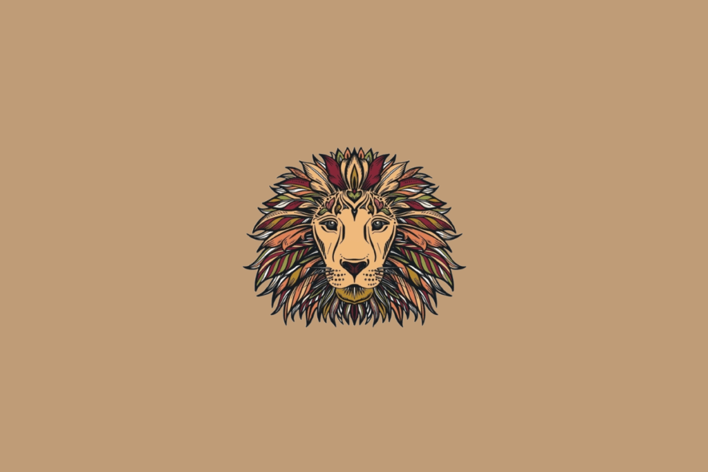 Ilustração do símbolo do signo de Leão, representado por um leão de frente, com juba colorida e detalhes ornamentais em estilo artístico sobre fundo bege.