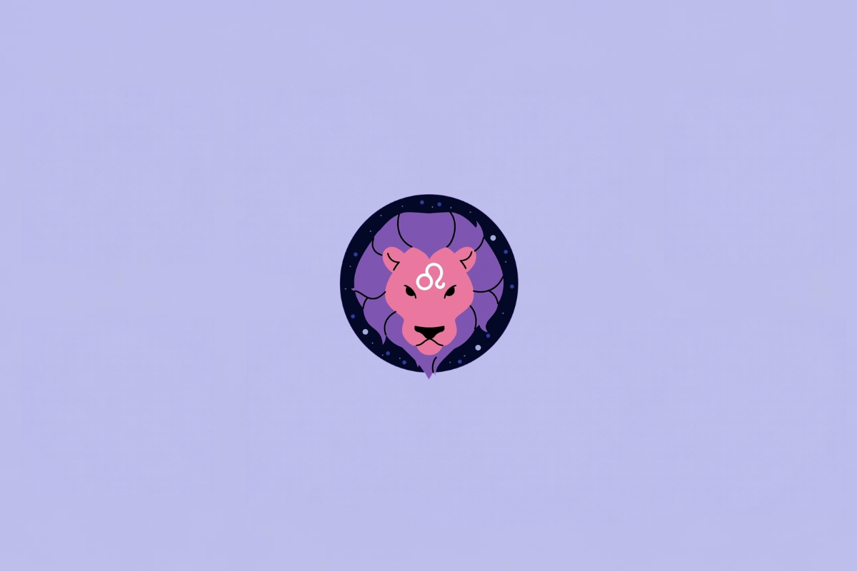 Ilustração do signo de Leão, representado pela cabeça de um leão com rosto rosa e grande juba roxa. O símbolo de Leão aparece em branco na testa. Ao fundo há um círculo azul-marinho com pequenos pontos claros. Em fundo roxo-claro.