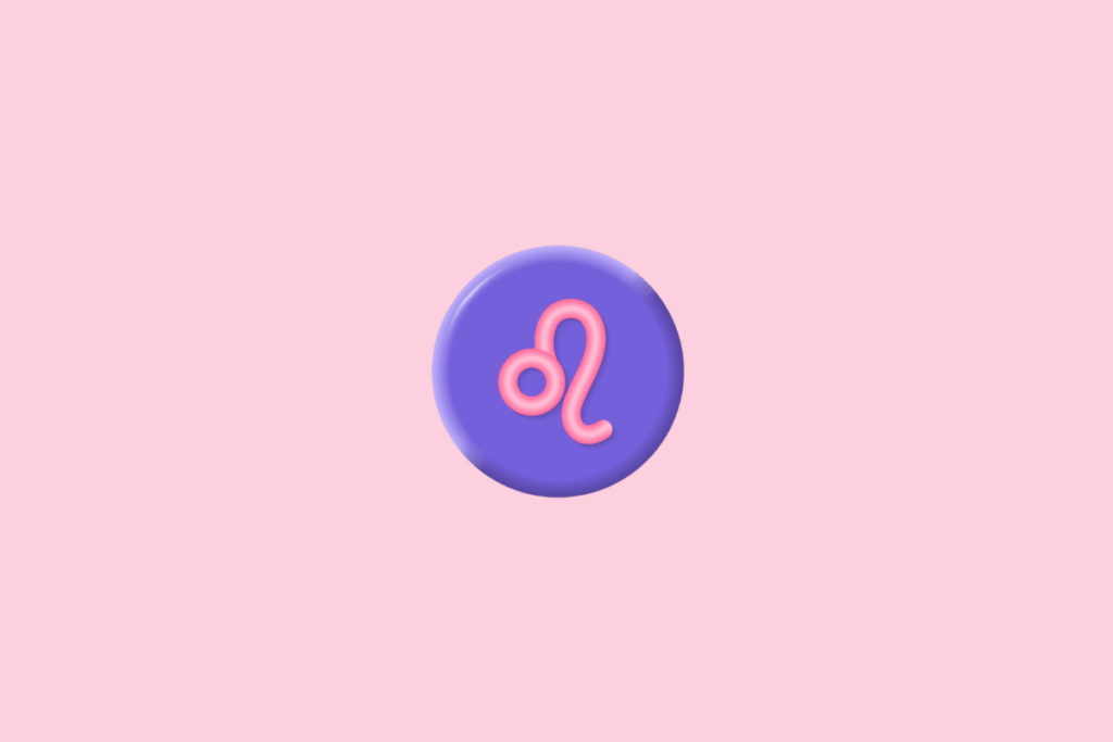 Símbolo do signo de Leão, formado por uma linha curva com um pequeno círculo em uma extremidade e uma curva alongada na outra. O desenho é rosa, tem aparência tridimensional e brilhante e está centralizado em um círculo roxo com bordas iluminadas, sobre fundo rosa-claro.