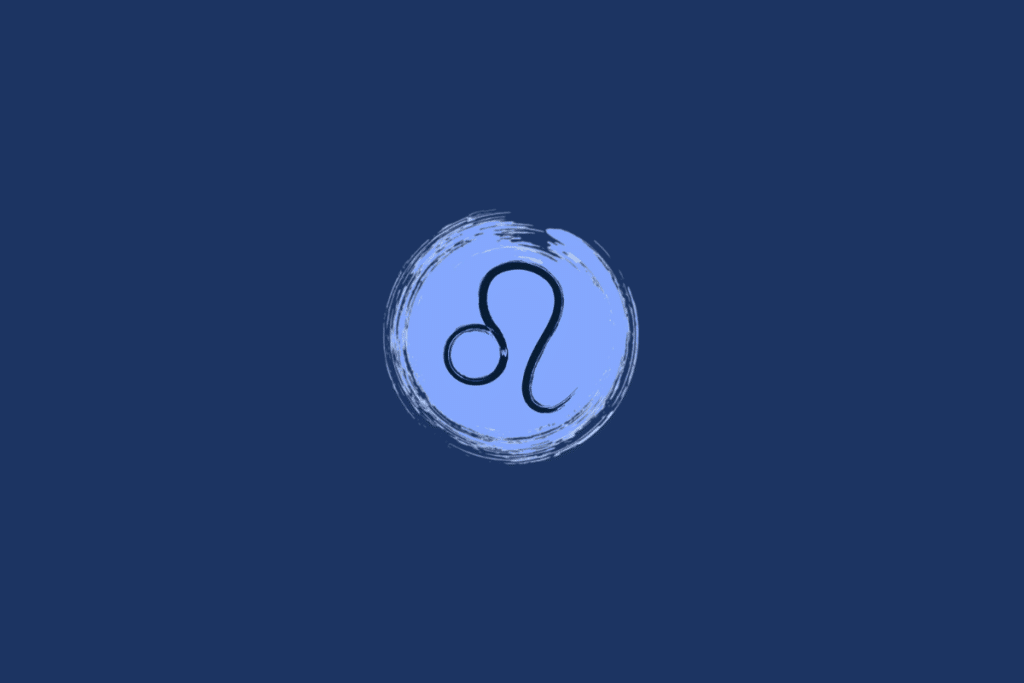 Ilustração do símbolo do signo de Leão, representado por duas formas curvas entrelaçadas, em preto, dentro de um círculo azul-claro sobre fundo azul-marinho.