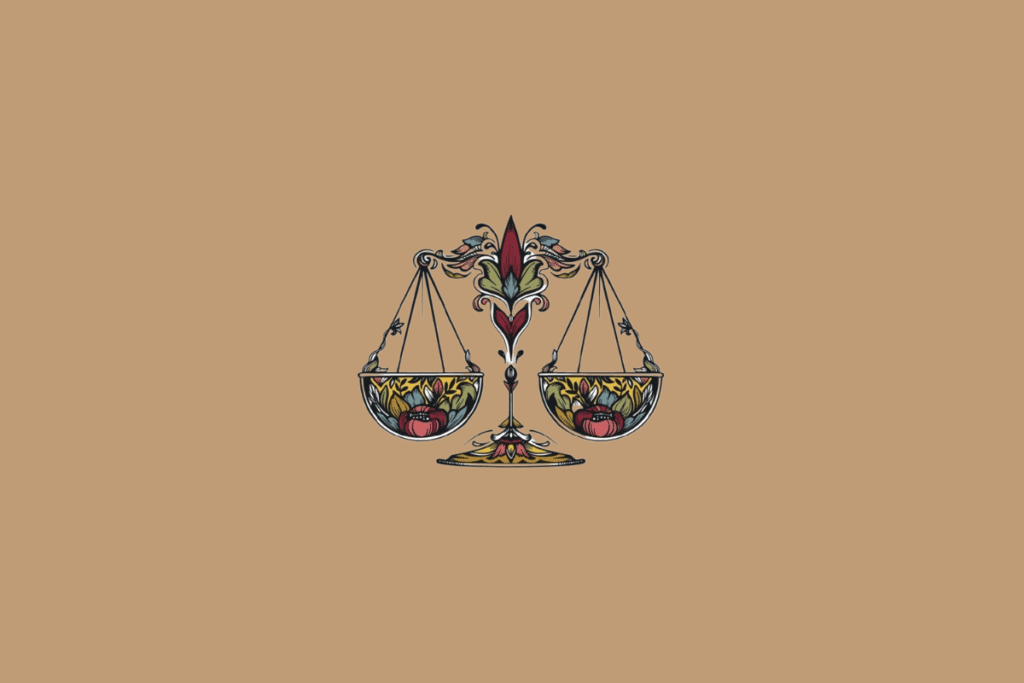 Ilustração do símbolo do signo de Libra, representado por uma balança ornamentada, com detalhes florais e coloridos em estilo artístico sobre fundo bege