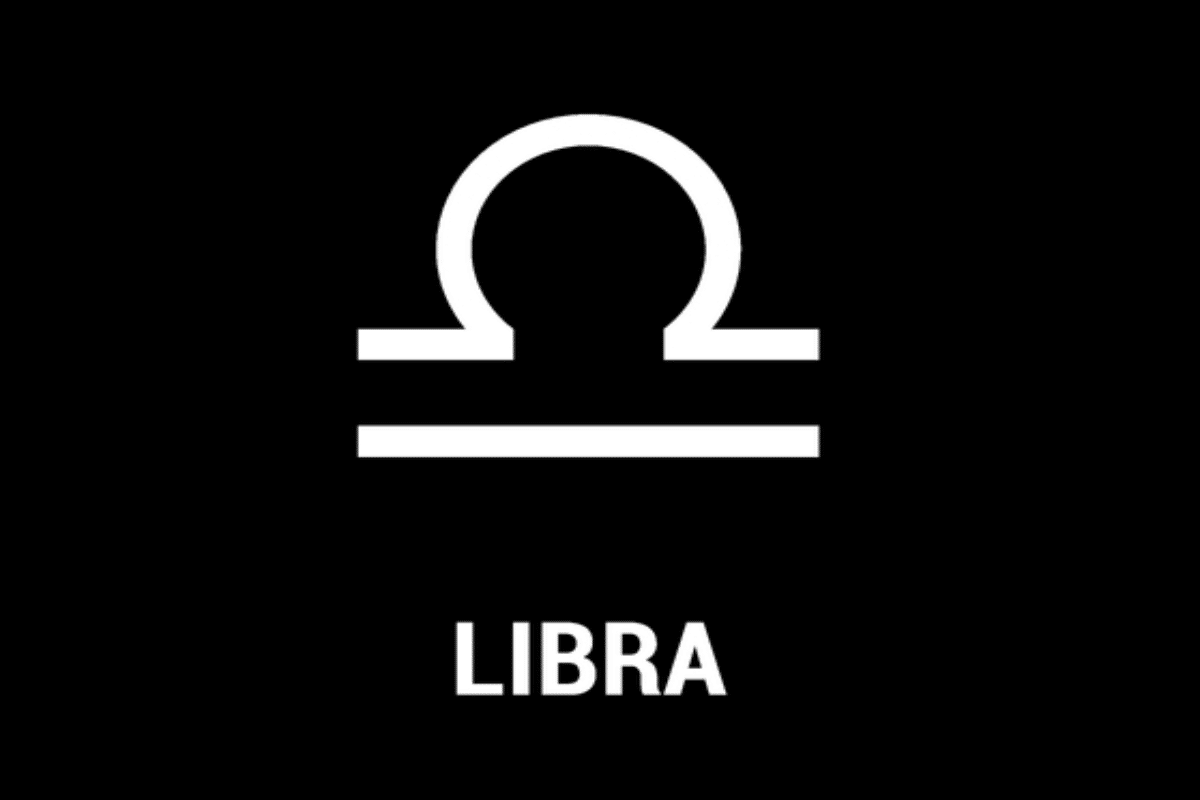 Imagem com fundo preto, apresentando o símbolo astrológico do signo de Libra em branco, formado por uma linha horizontal com um arco central e outra linha reta logo abaixo. Abaixo, aparece a palavra “LIBRA”, em letras maiúsculas e brancas.