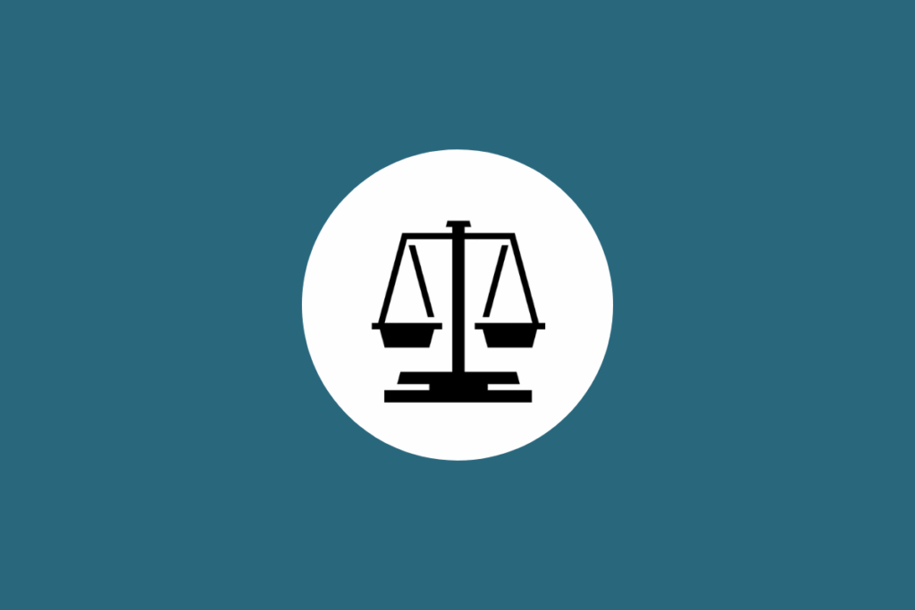 Ilustração minimalista em preto do signo de Libra, representado por uma balança, dentro de um círculo branco sobre fundo azul-petróleo