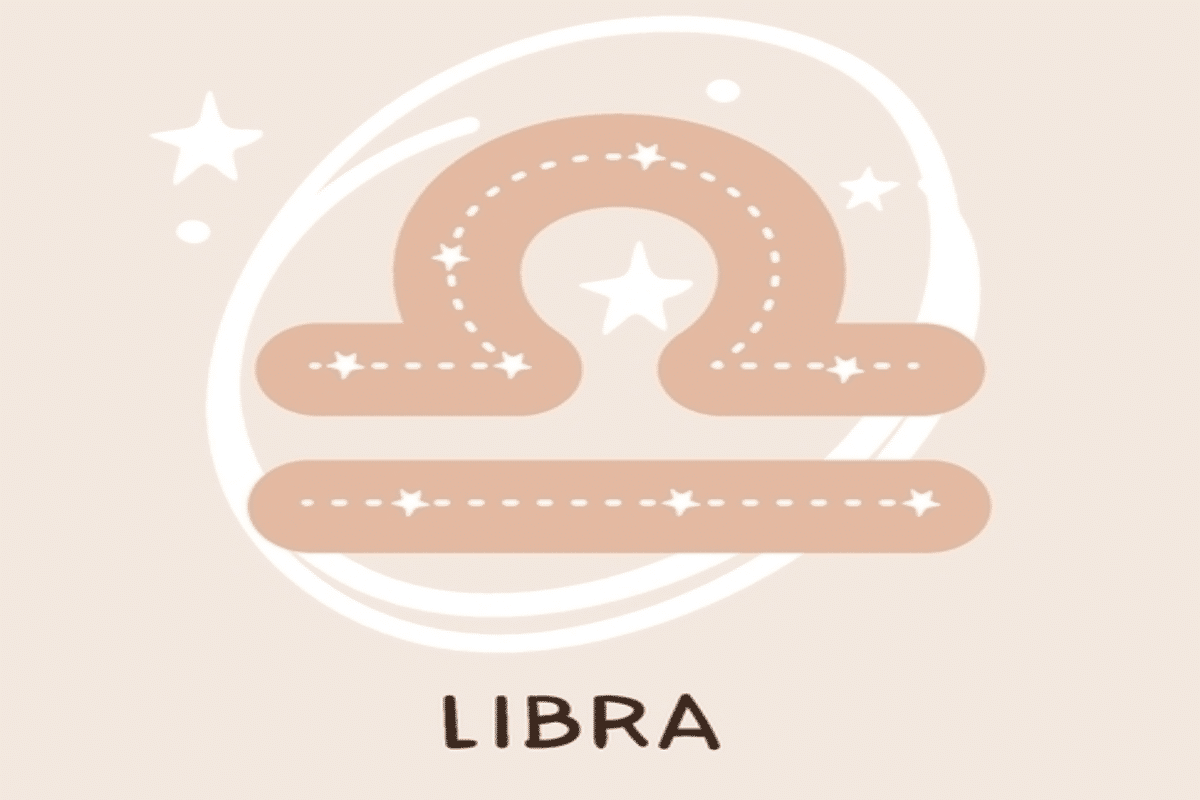 Ilustração do símbolo de Libra em tom bege, com linhas pontilhadas e pequenas estrelas brancas formando constelações. O desenho aparece cercado por traços circulares, estrelas e pontos sobre fundo claro.