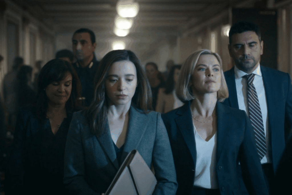 Fotografia de um grupo de profissionais caminhando por um corredor interno com iluminação fria e paredes claras. Em primeiro plano, uma mulher jovem de cabelos castanhos longos e lisos veste um conjunto social cinza, com blazer sobre uma blusa escura, e carrega uma pasta ou tablet junto ao corpo. Ela olha para baixo, com uma expressão séria e concentrada. Ao seu lado, uma mulher loira de cabelos curtos na altura do queixo veste um blazer azul-marinho sobre uma blusa branca e usa um colar delicado. Ela olha para a frente com expressão firme. Atrás delas, à esquerda, aparece uma mulher de cabelos escuros na altura dos ombros, usando roupa social preta. Mais ao fundo, há homens vestidos com ternos ou roupas sociais escuras, incluindo um homem de gravata listrada à direita. O corredor se estende ao fundo, onde outras pessoas aparecem desfocadas, criando a impressão de um ambiente profissional movimentado.