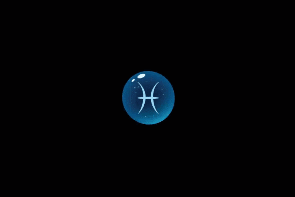 Imagem com fundo preto, apresentando uma esfera azul brilhante no centro, com o símbolo astrológico do signo de Peixes em azul-claro. A esfera possui efeito tridimensional, pequenos pontos luminosos e reflexos brancos na parte superior, lembrando uma bolha de vidro.