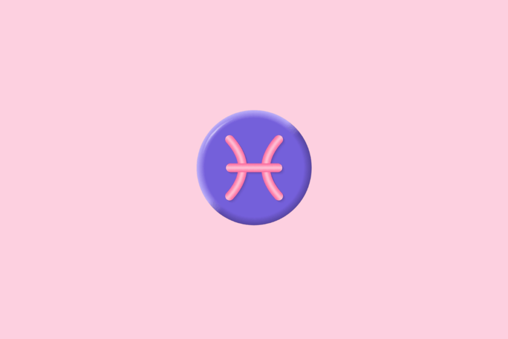 Símbolo do signo de Peixes, formado por duas curvas opostas, semelhantes a parênteses, unidas por uma linha horizontal central. O desenho é rosa, tem aparência tridimensional e brilhante e está centralizado em um círculo roxo com bordas iluminadas, sobre fundo rosa-claro.